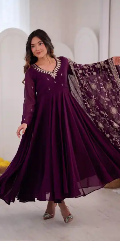 ZF 5025 Wine Faux Georgette Gown Perfect for Wedding, Party, Raksha Bandhan, Temple Visit, Onam – . Get it for ₹2149. Delivery 4-6 Working Days. Shop now | Gowns, Bollywood Gowns, Creative Gowns, Designer Gowns, Embroidered Gowns, Party Wear Gowns