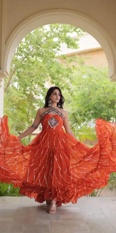 KA 1270 Orange in Colour Faux Georgette Bandhani Print Work Gown. Available at ₹2019 only. Delivery 4-6 Working Days. Shop now. | Gowns, Bollywood Gowns, Creative Gowns, Designer Gowns, Embroidered Gowns, Party Wear Gowns
