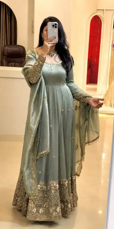 SSR 550 Grey in Crunchy Silk Embroidery Work & Lace Work Gown . Special Price ₹2799. Delivery 4-6 Working Days. Shop now. | Gowns, Bollywood Gowns, Creative Gowns, Designer Gowns, Embroidered Gowns, Party Wear Gowns