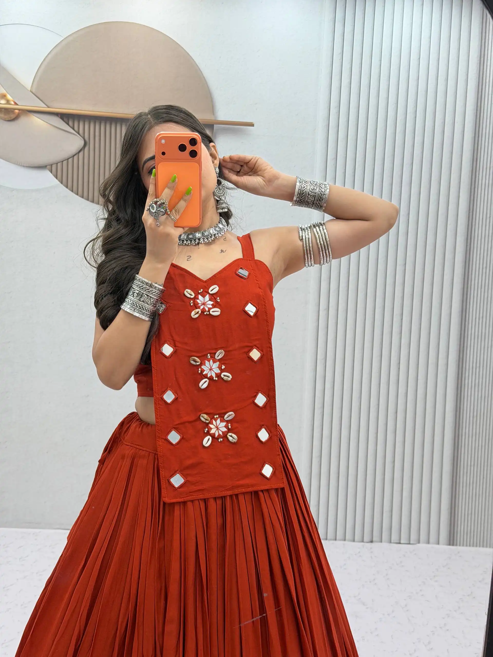 PC 581 Rust Color Pure Cotton Lehenga Choli with Cowrie Work. Festive Deal ₹2999. Delivery 4-6 Working Days. Online Shop now. | Lehenga, Bollywood Lehenga, Creative Lehenga, Designer Lehenga, Embroidered Lehenga, Party Wear Lehenga