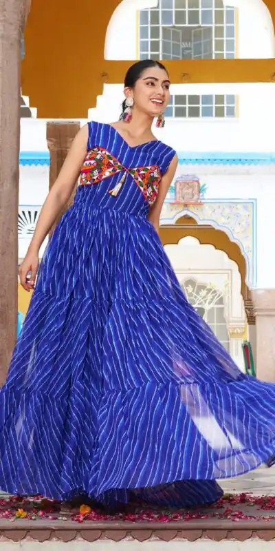Ram 112 Blue in Colour Faux Georgette Bandhani Print Work Gown. Available at ₹1949 only. Delivery 4-6 Working Days. Shop now. | Gowns, Bollywood Gowns, Creative Gowns, Designer Gowns, Embroidered Gowns, Party Wear Gowns