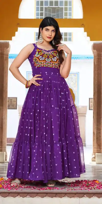 Ram 112 Purple in Colour Faux Georgette Bandhani Print Work Gown. Available at ₹1949 only. Delivery 4-6 Working Days. Shop now. | Gowns, Bollywood Gowns, Creative Gowns, Designer Gowns, Embroidered Gowns, Party Wear Gowns