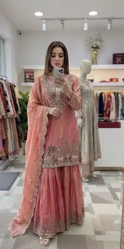 WW 1280 Peach Fendy Silk Salwar Suitwith Embroidery Work & Lace Work. Now at just ₹2449. Delivery 4-6 Working Days. Shop now. | Jump Suits, Salwar suit, Casual Suits, Creative suits, Designer Suits, Palazzo Suits, Party Wear Suits, Patiala Suits, Straight Suits
