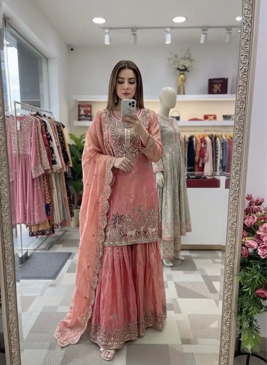 WW 1280 Peach Fendy Silk Salwar Suitwith Embroidery Work & Lace Work. Now at just ₹2449. Delivery 4-6 Working Days. Shop now. | Jump Suits, Salwar suit, Casual Suits, Creative suits, Designer Suits, Palazzo Suits, Party Wear Suits, Patiala Suits, Straight Suits