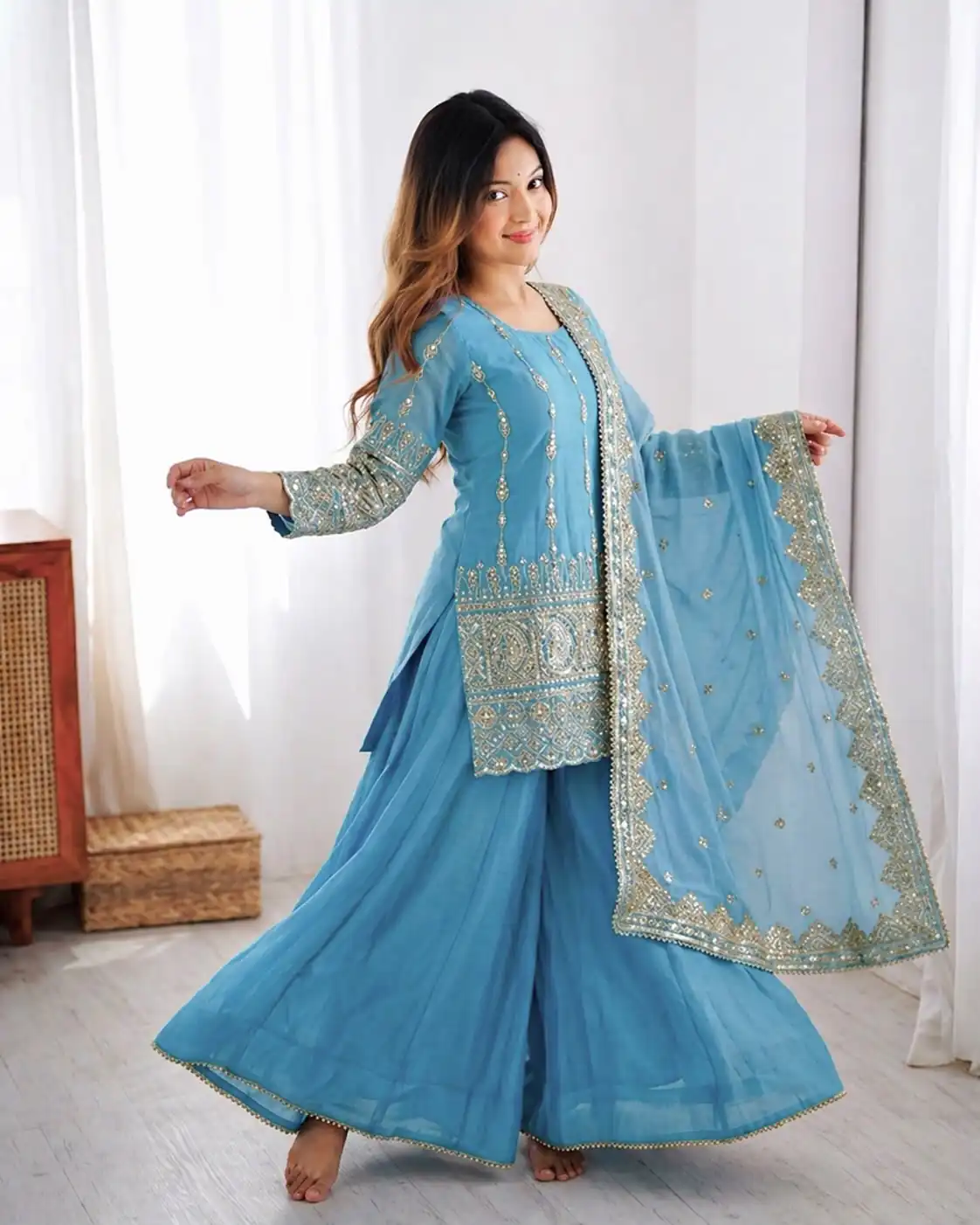 ZF 430 Sky Blue Vichitra Silk Salwar Suit with Embroidery Work. Wedding, Party, Festive, Events, Grab it for ₹2399. Delivery 4-6 Working Days. Shop now. | Jump Suits, Salwar suit, Casual Suits, Creative suits, Designer Suits, Palazzo Suits, Party Wear Suits, Patiala Suits, Straight Suits