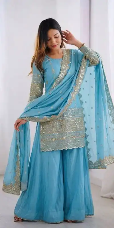 ZF 430 Sky Blue Vichitra Silk Salwar Suit with Embroidery Work. Wedding, Party, Festive, Events, Grab it for ₹2399. Delivery 4-6 Working Days. Shop now. | Jump Suits, Salwar suit, Casual Suits, Creative suits, Designer Suits, Palazzo Suits, Party Wear Suits, Patiala Suits, Straight Suits