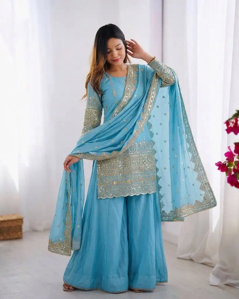 ZF 430 Sky Blue Vichitra Silk Salwar Suit with Embroidery Work. Wedding, Party, Festive, Events, Grab it for ₹2399. Delivery 4-6 Working Days. Shop now. | Jump Suits, Salwar suit, Casual Suits, Creative suits, Designer Suits, Palazzo Suits, Party Wear Suits, Patiala Suits, Straight Suits