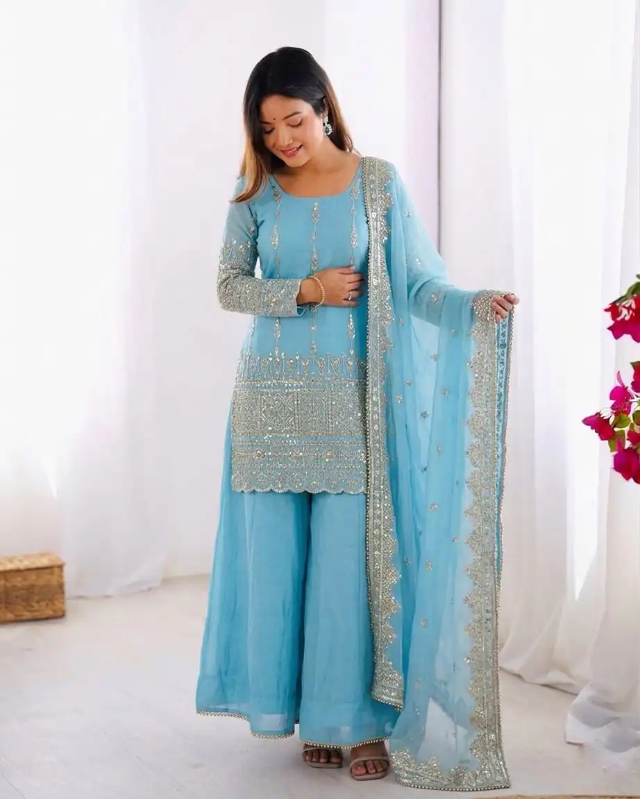 ZF 430 Sky Blue Vichitra Silk Salwar Suit with Embroidery Work. Wedding, Party, Festive, Events, Grab it for ₹2399. Delivery 4-6 Working Days. Shop now. | Jump Suits, Salwar suit, Casual Suits, Creative suits, Designer Suits, Palazzo Suits, Party Wear Suits, Patiala Suits, Straight Suits