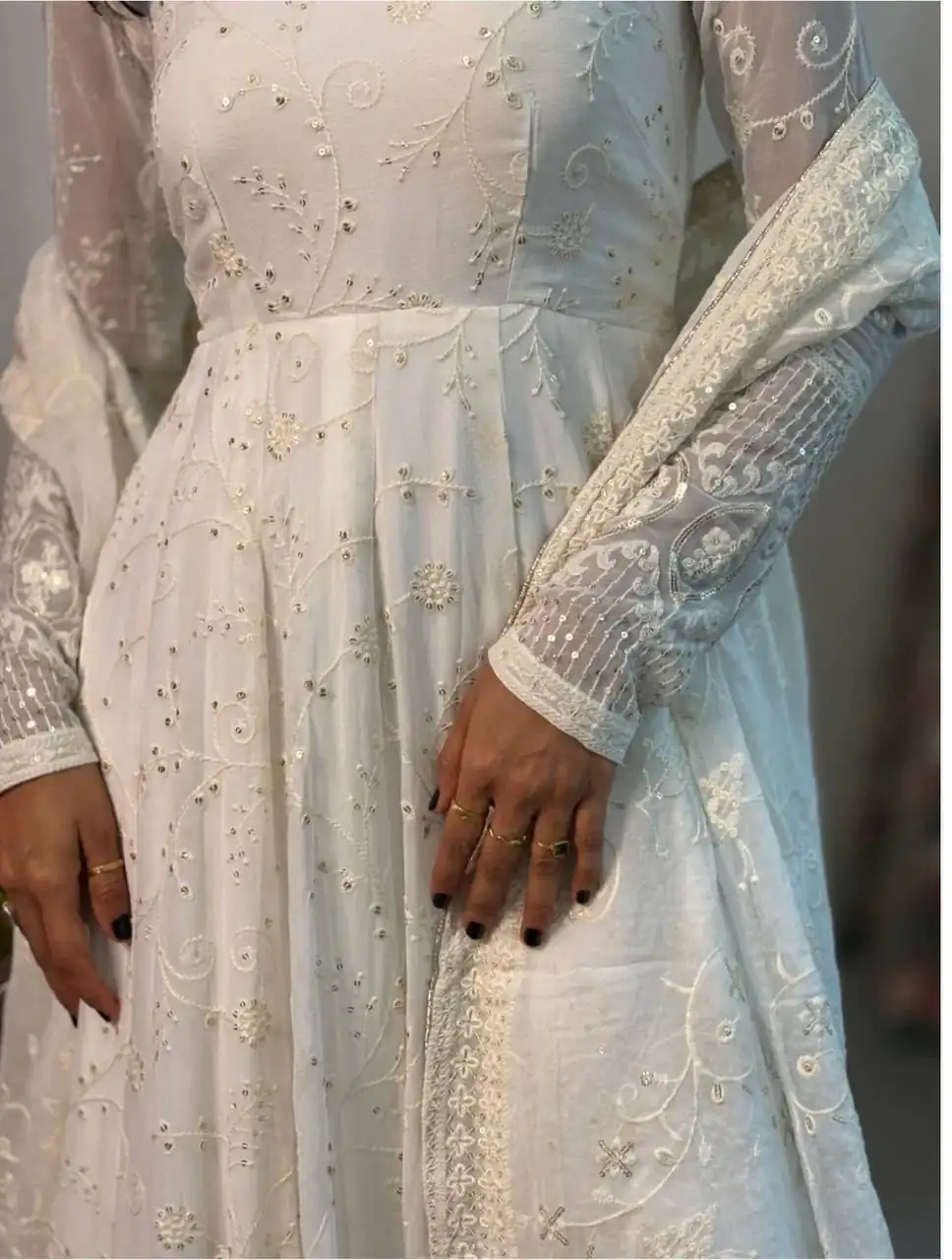 MD 306 White | Slim Georgette Salwar Suit with Sequins Work & Embroidery Work. Exclusive Offer ₹2849. Delivery 4-6 Working Days. Shop now. | Anarkali Suits, Bollywood Anarkali, Creative-Anarkali, Designer Anarkali, Embroidered Anarkali, Party Wear Anarkali