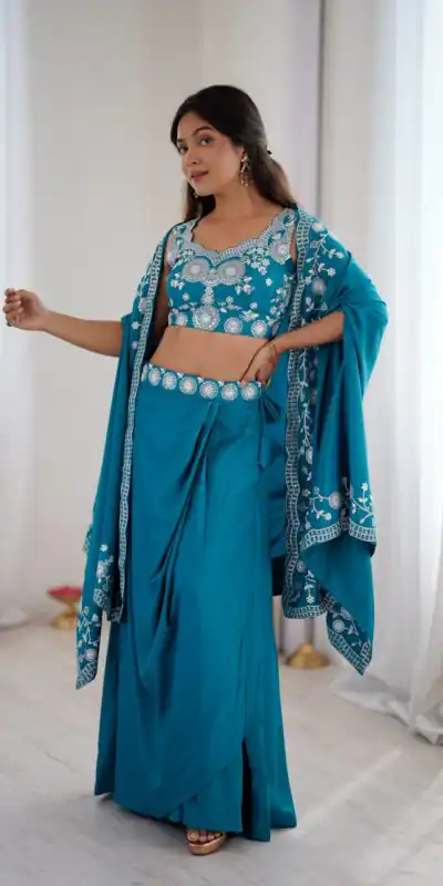 Aglow Teal French Crep Sequence Work Dhoti Suit