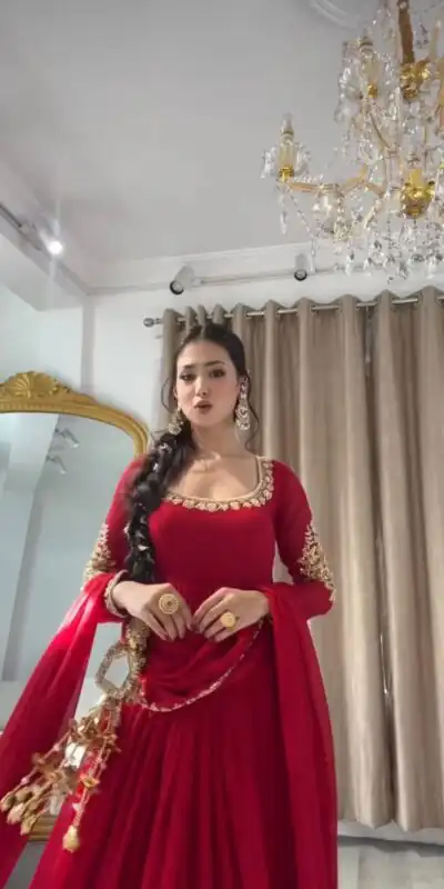 Fancy Red Faux Georgette Sequence Work Gown