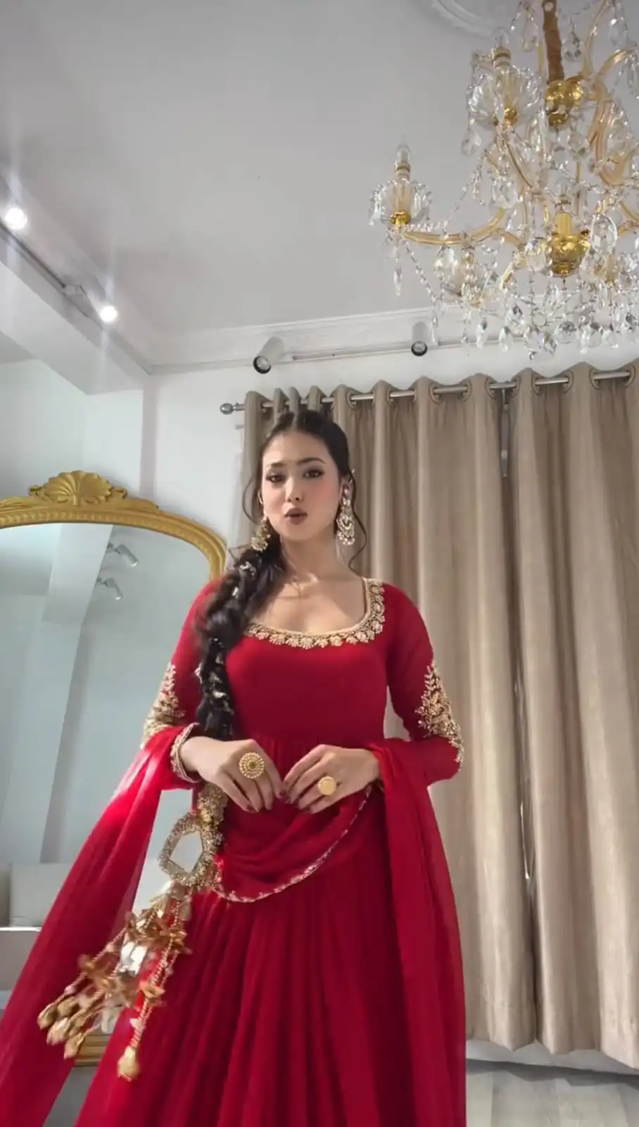 Fancy Red Faux Georgette Sequence Work Gown