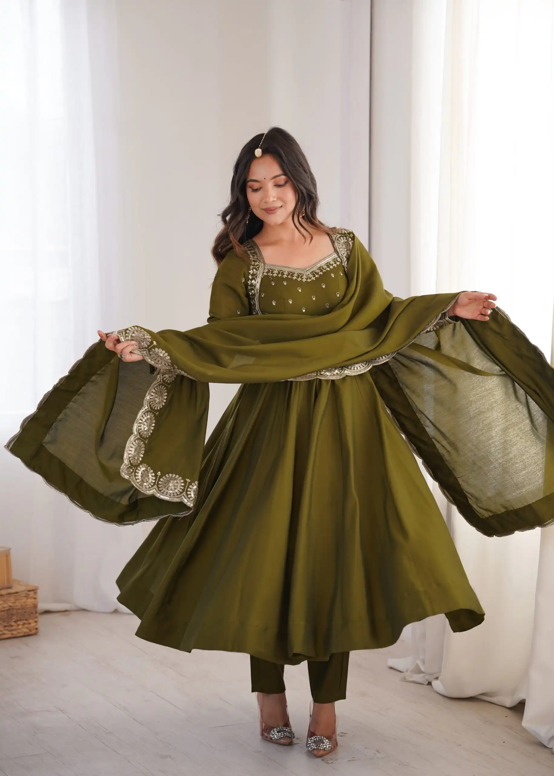 Glowing Mehendi Roman Silk Embroidery Work Anarkali Suit - Image 5