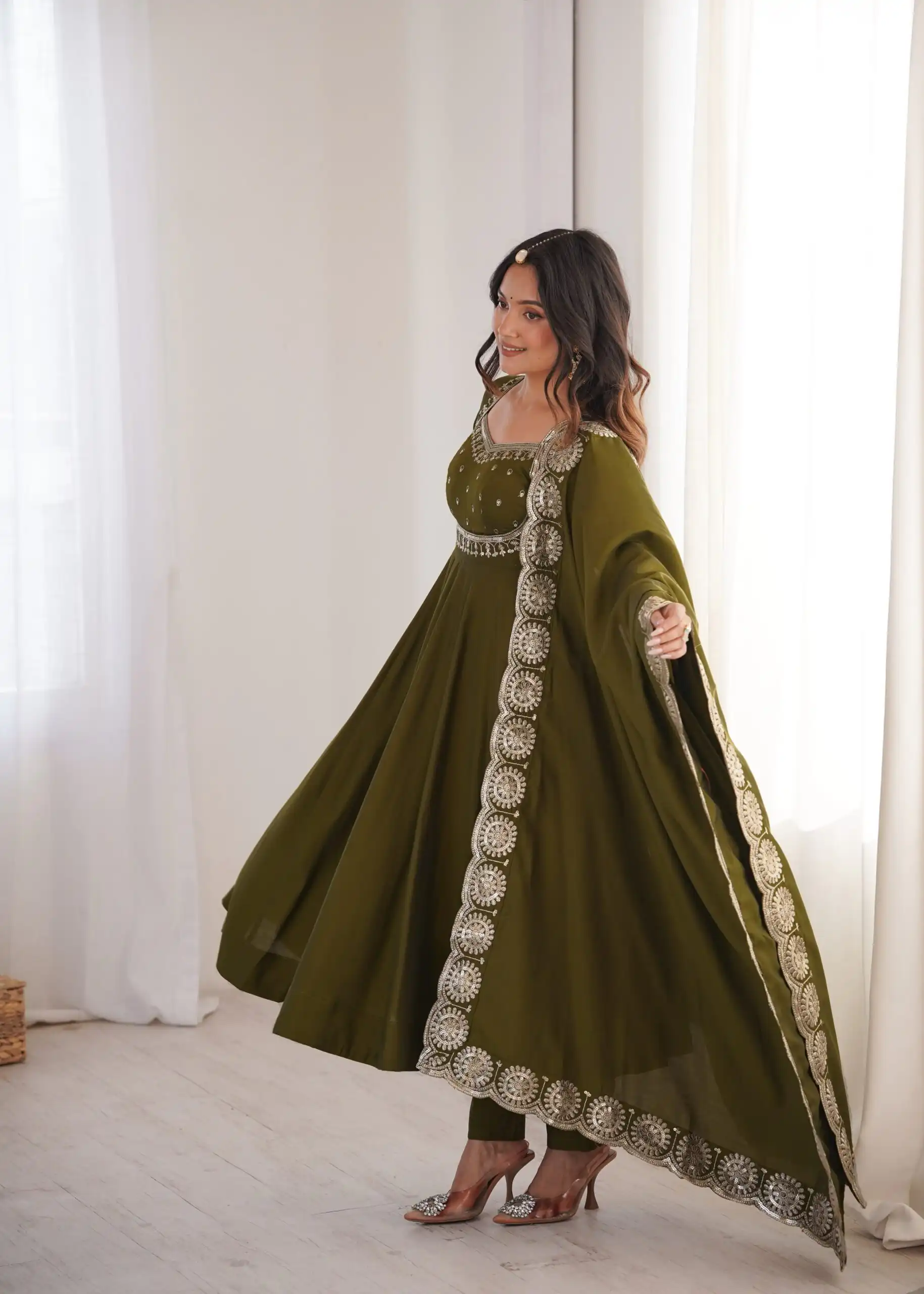 Glowing Mehendi Roman Silk Embroidery Work Anarkali Suit - Image 4