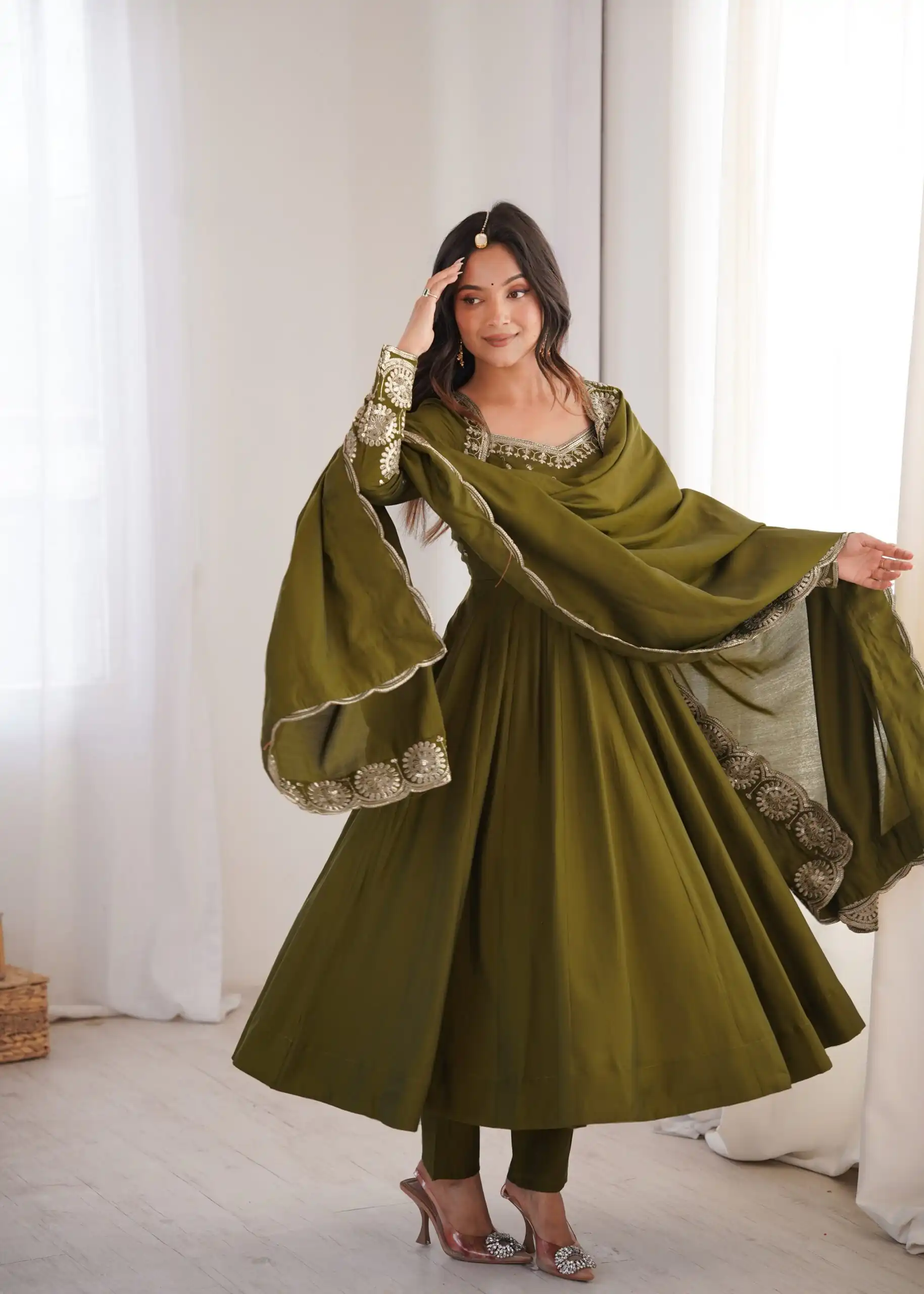 Glowing Mehendi Roman Silk Embroidery Work Anarkali Suit