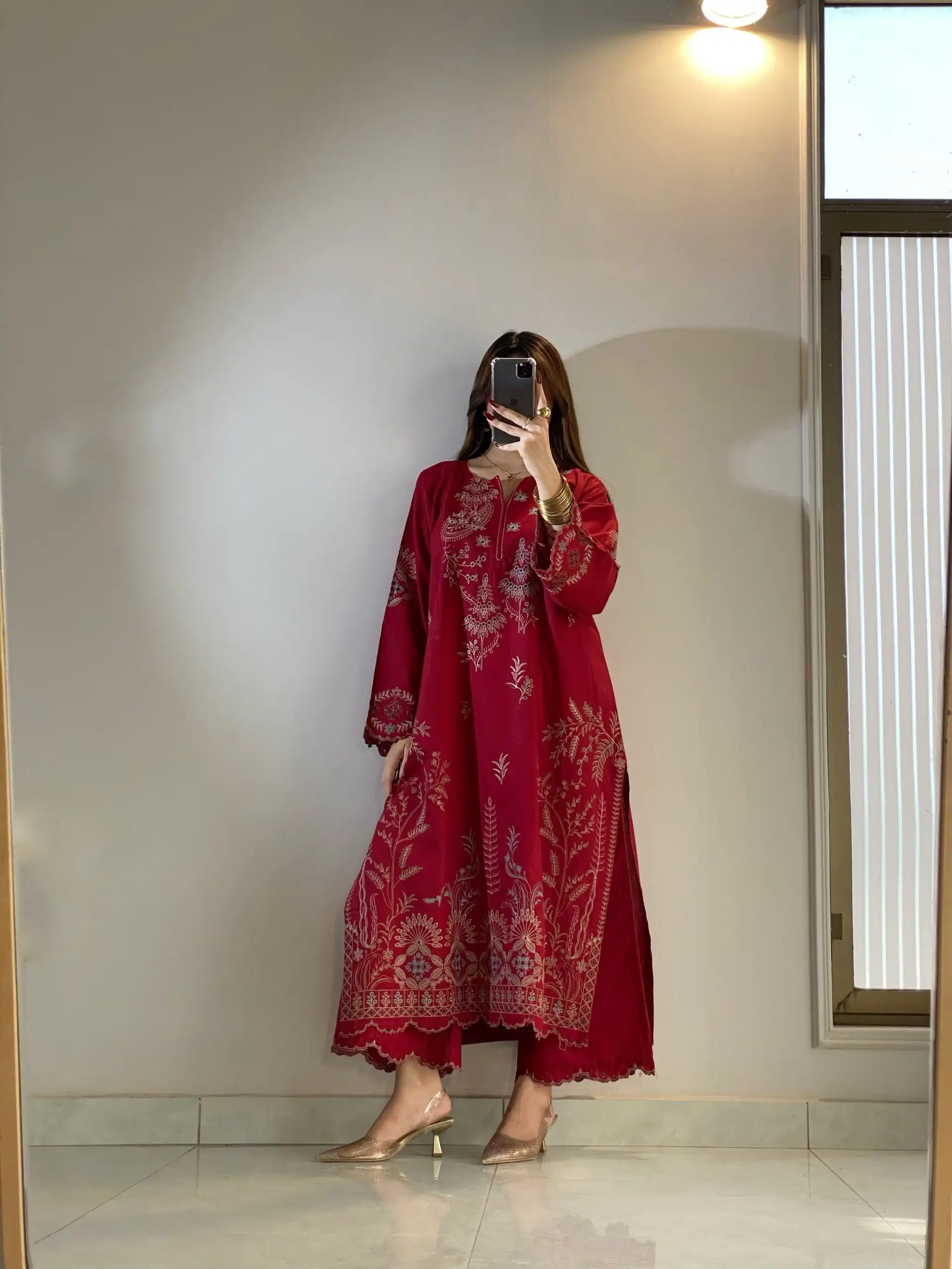 Graceful Red Mul Chanderi Embroidery Work Salwar Suit