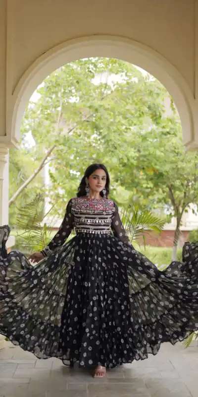 Great Black Faux Georgette Bandhani Kutchi Work Gown