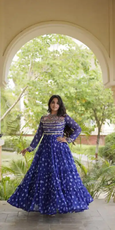 Great Blue Faux Georgette Bandhani Kutchi Work Gown