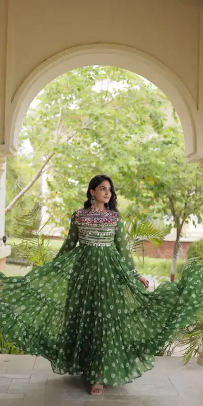 Great Green Faux Georgette Bandhani Kutchi Work Gown