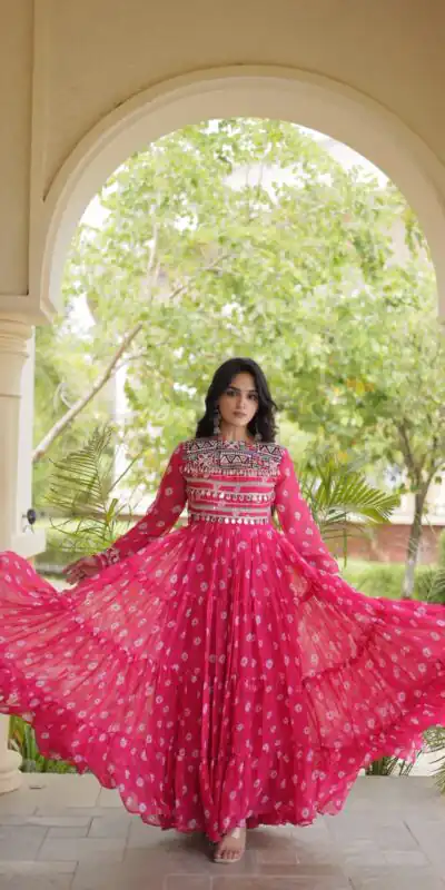 Great Pink Faux Georgette Bandhani Kutchi Work Gown