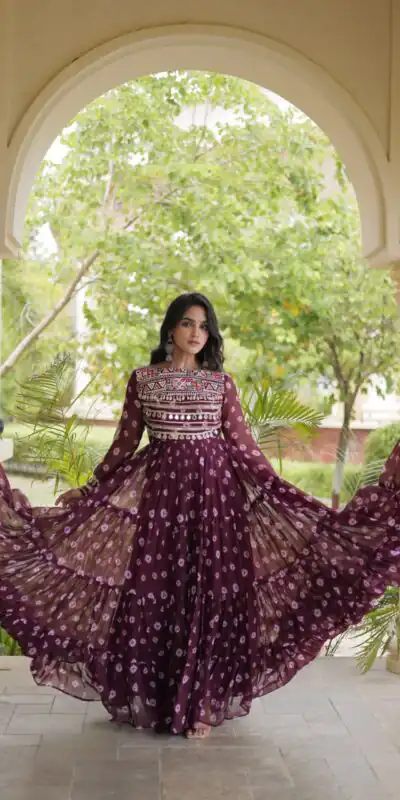 Great Wine Faux Georgette Bandhani Kutchi Work Gown