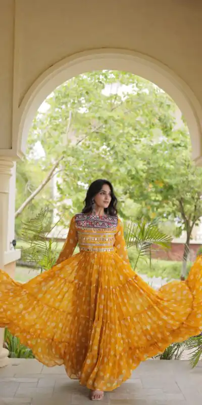 Great Yellow Faux Georgette Bandhani Kutchi Work Gown