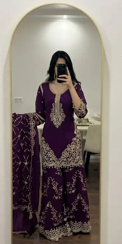 Magical Purple Faux Georgette Embroidery Work Salwar Suit