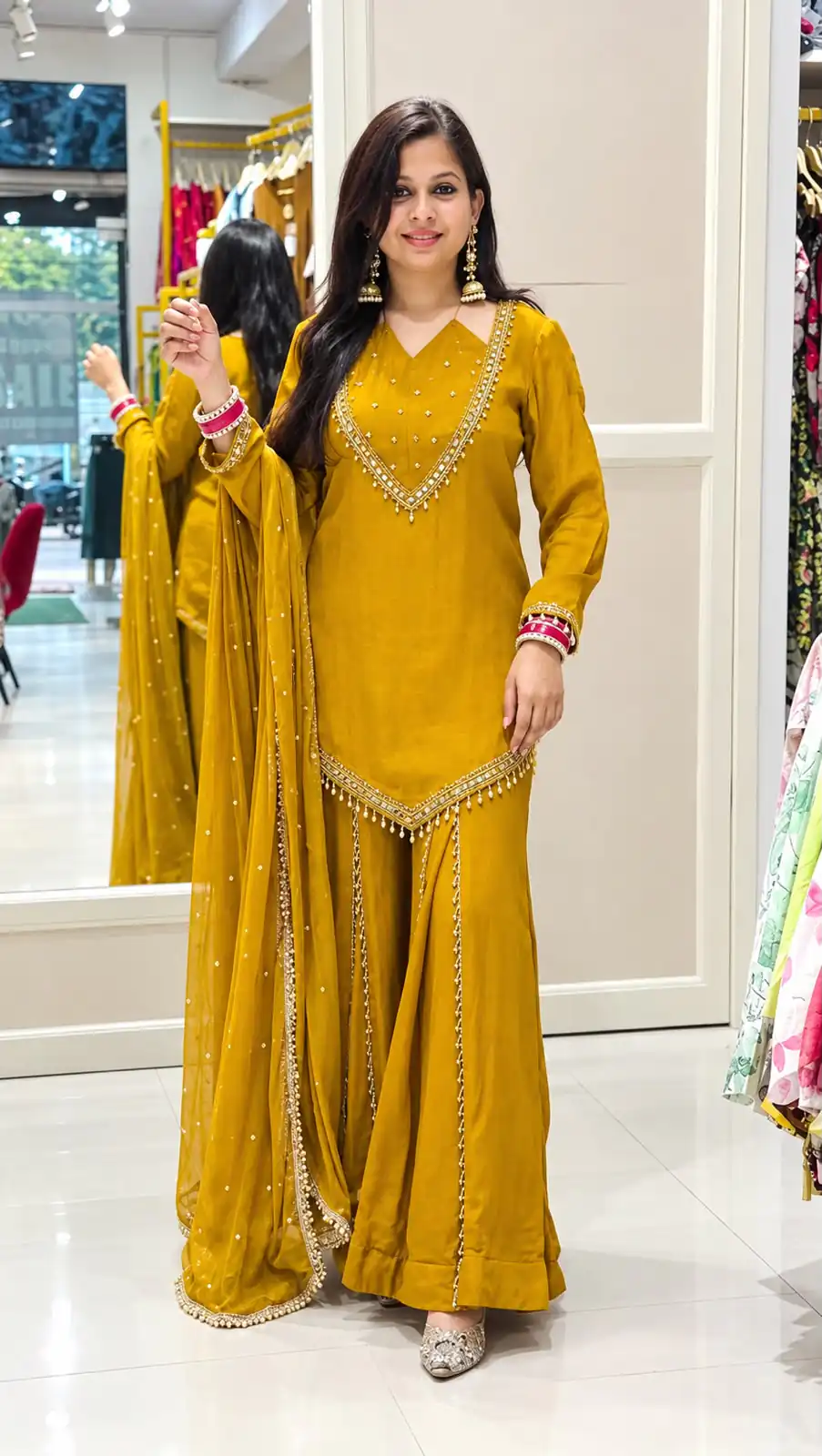 Pretty Mustered Roman Glass Mirror Work Salwar Suit - Image 2