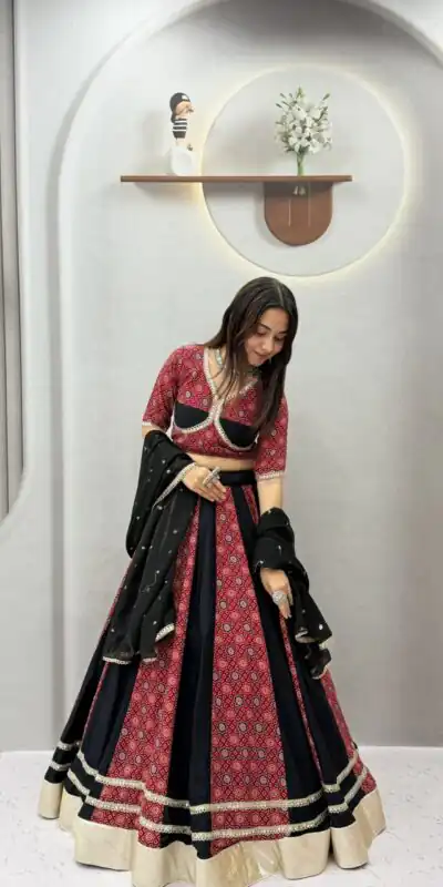 Shiny Black Pure Cotton Ajarak Print Work Lehenga Choli