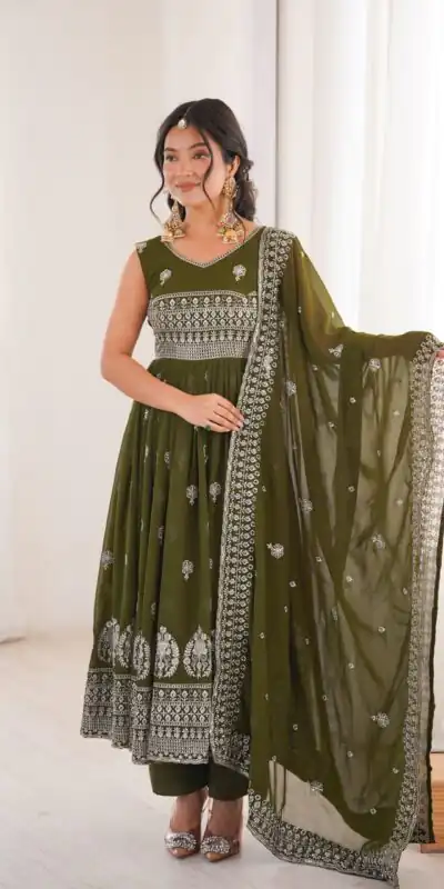 Shiny Mehendi Faux Georgette Sequence Work Anarkali Suit