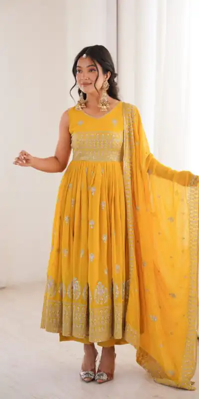 Shiny Yellow Faux Georgette Sequence Work Anarkali Suit
