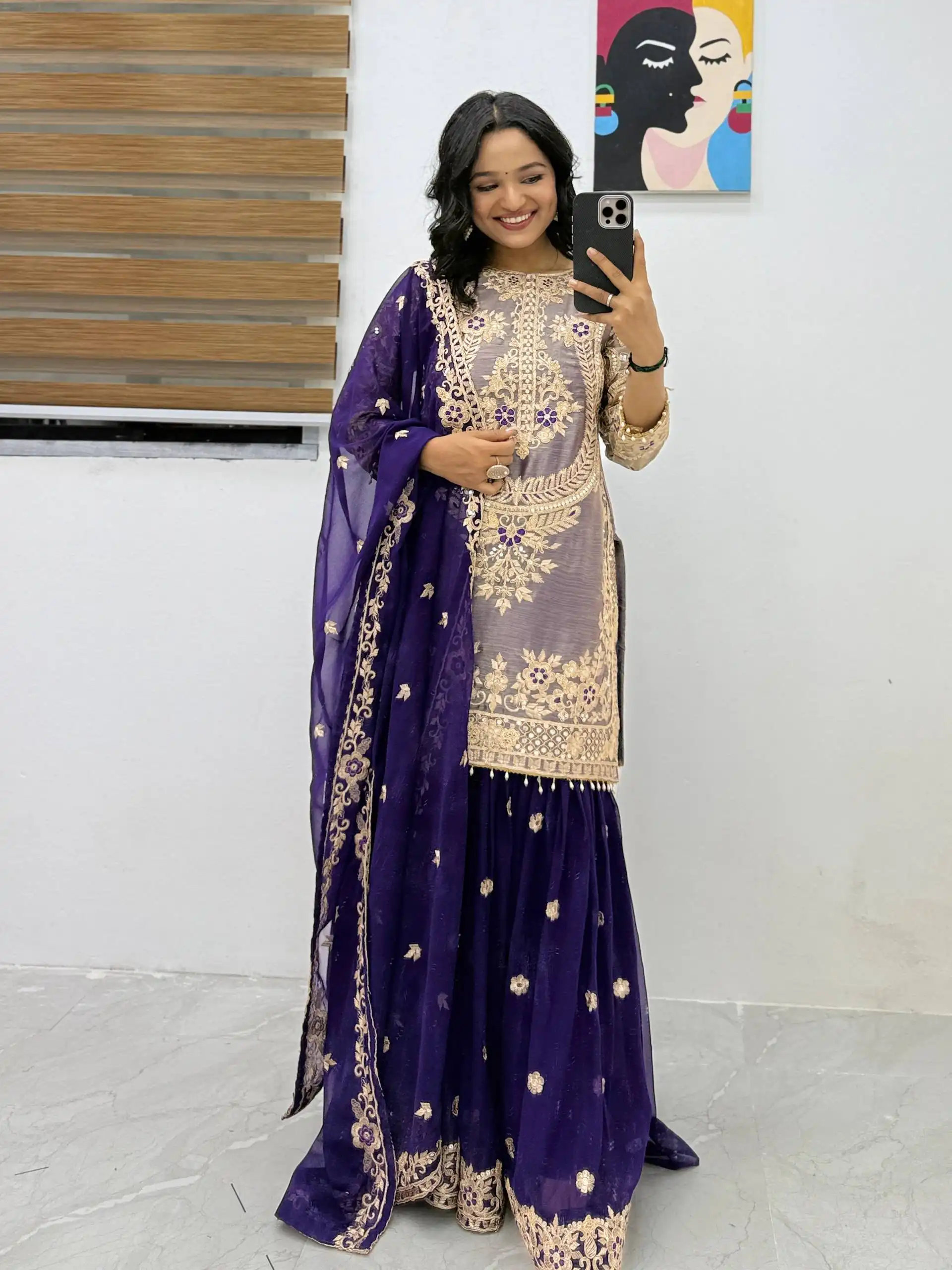 Super Purple Crunchy Silk Embroidery Work Salwar Suit