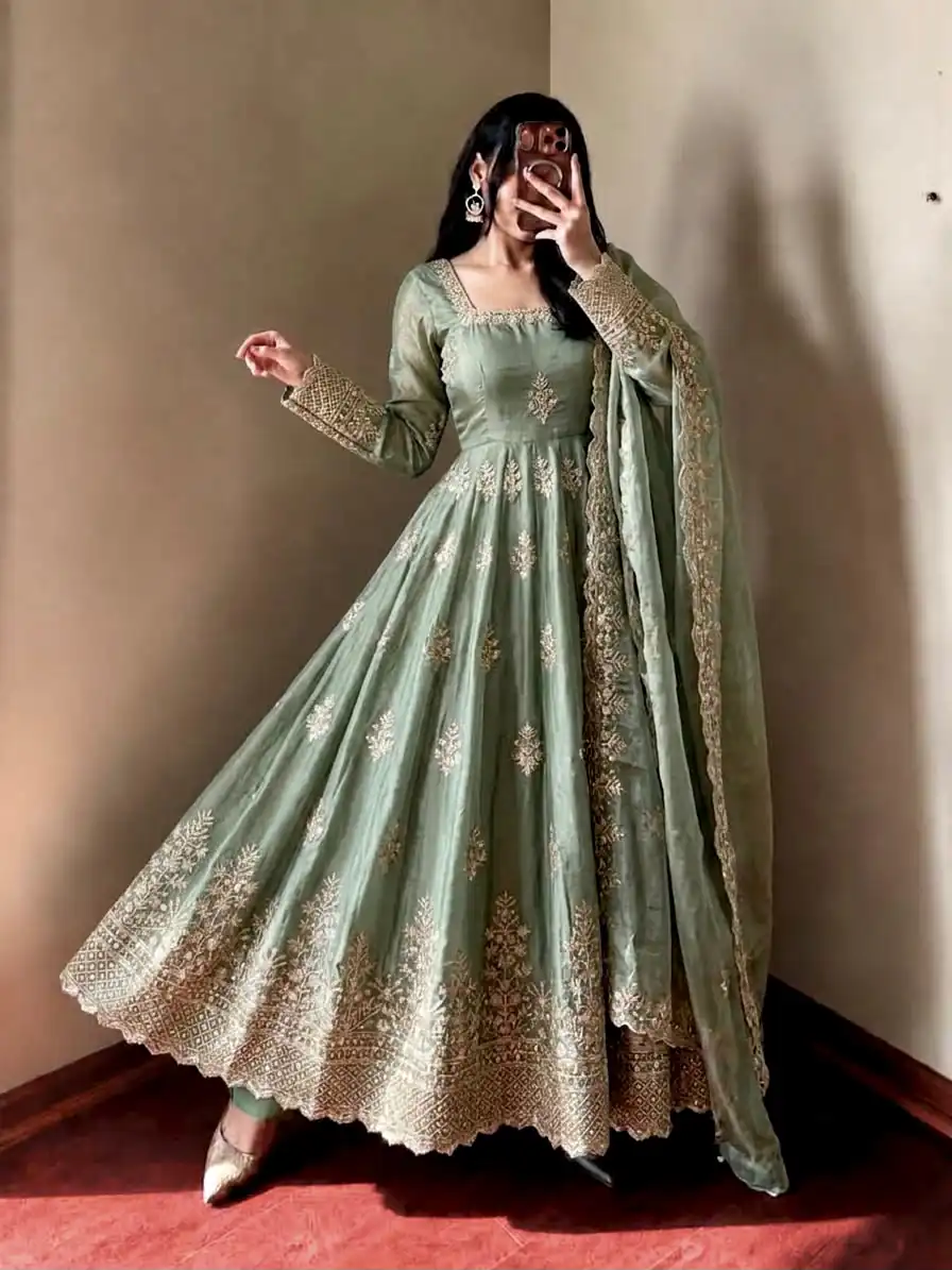 Trendy Pista Fendy Silk Embroidery Work Gown - Image 2