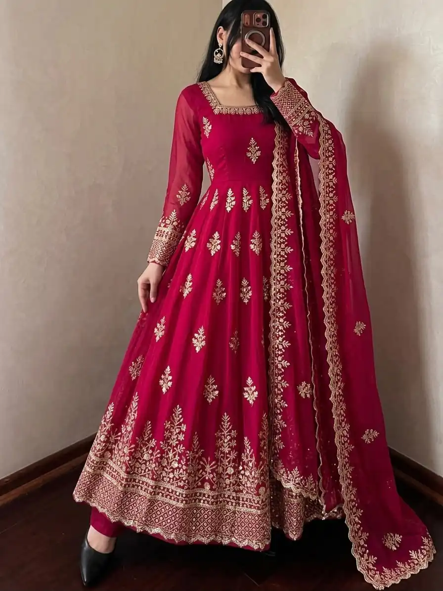 Trendy Red Fendy Silk Embroidery Work Gown - Image 4