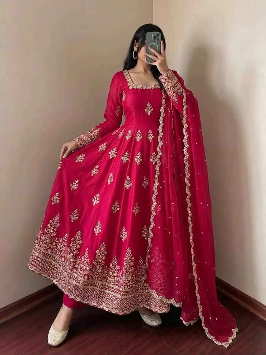 Trendy Red Fendy Silk Embroidery Work Gown - Image 3
