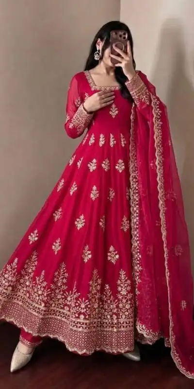 Trendy Red Fendy Silk Embroidery Work Gown