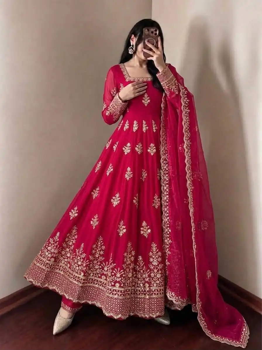Trendy Red Fendy Silk Embroidery Work Gown