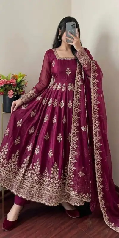 Alternative view of Trendy Wine Fendy Silk Embroidery Work Gown
