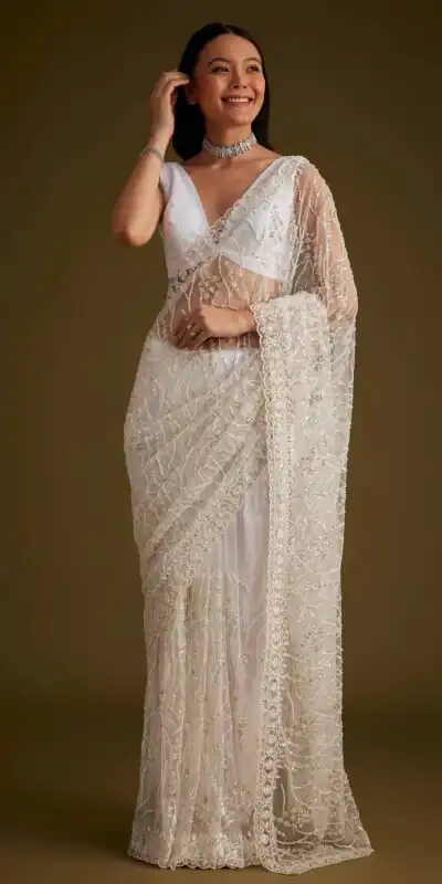 Unique White Butterfly Net Embroidery Saree