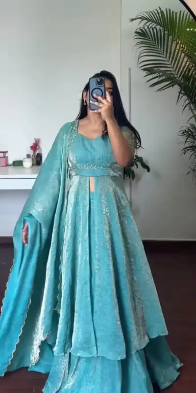 KD 1645 Blue Fendy Silk Gown with Embroidery Work & Sequins Work. Special Price ₹2399. Delivery 4-6 Working Days. Shop now. | Gowns, Bollywood Gowns, Creative Gowns, Designer Gowns, Embroidered Gowns, Party Wear Gowns