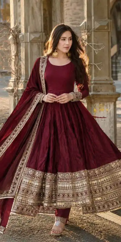 ZB 5068 Maroon Fendy Silk Gown with Embroidery Work & Sequins Work. Special Price ₹23699. Delivery 4-6 Working Days. Shop now. | Gowns, Bollywood Gowns, Creative Gowns, Designer Gowns, Embroidered Gowns, Party Wear Gowns