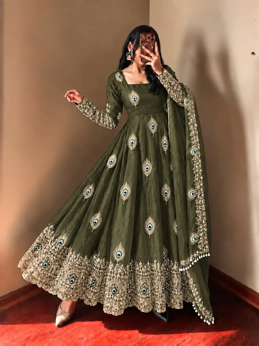 SRK 5372 Mehendi Fendy Silk Gown with Embroidery Work & Sequins Work. Special Price ₹2799. Delivery 4-6 Working Days. Shop now. | Gowns, Bollywood Gowns, Creative Gowns, Designer Gowns, Embroidered Gowns, Party Wear Gowns