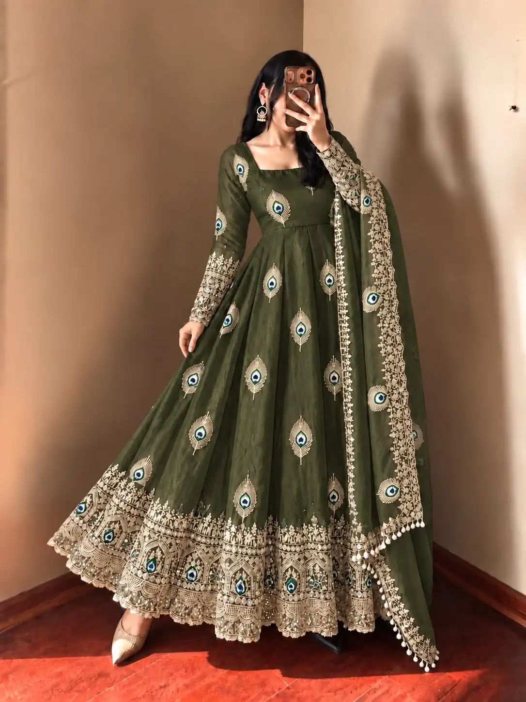 SRK 5372 Mehendi Fendy Silk Gown with Embroidery Work & Sequins Work. Special Price ₹2799. Delivery 4-6 Working Days. Shop now. | Gowns, Bollywood Gowns, Creative Gowns, Designer Gowns, Embroidered Gowns, Party Wear Gowns