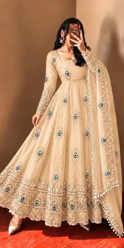 SRK 5372 Off White Fendy Silk Gown with Embroidery Work & Sequins Work. Special Price ₹2799. Delivery 4-6 Working Days. Shop now. | Gowns, Bollywood Gowns, Creative Gowns, Designer Gowns, Embroidered Gowns, Party Wear Gowns