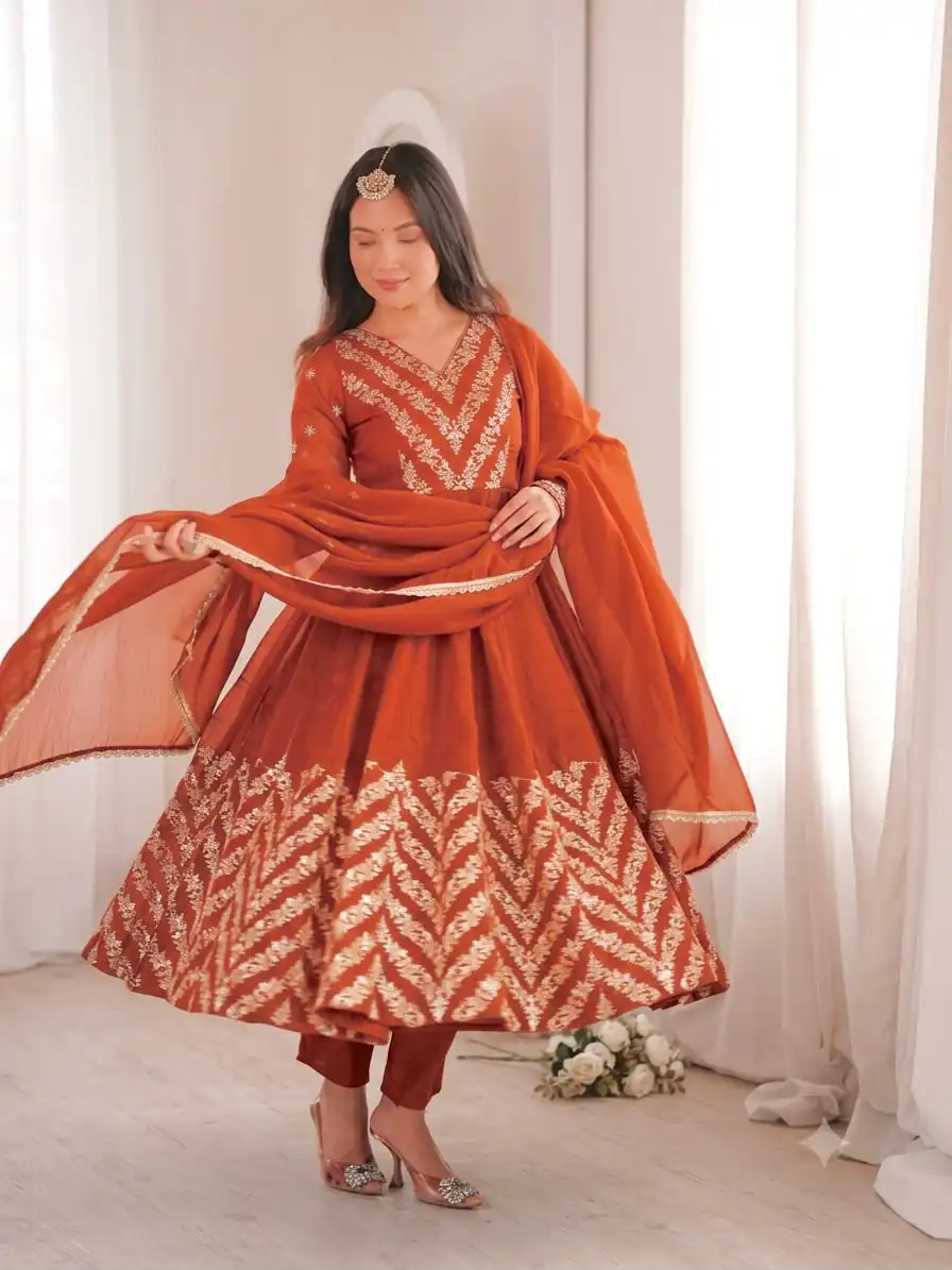 JF 050 Orange Embroidery Work & Sequins Work Salwar Suit in Peach Crunchy Silk. Festive Deal ₹2099. Delivery 4-6 Working Days. Shop now. | Anarkali Suits, Bollywood Anarkali, Creative-Anarkali, Designer Anarkali, Embroidered Anarkali, Party Wear Anarkali