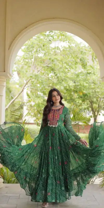 KA 1276 Green in Colour Faux Georgette Bandhani Print Work Gown. Available at ₹2069 only. Delivery 4-6 Working Days. Shop now. | Gowns, Bollywood Gowns, Creative Gowns, Designer Gowns, Embroidered Gowns, Party Wear Gowns