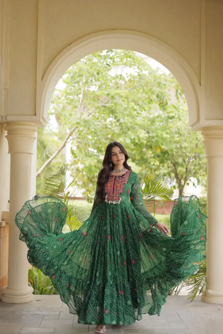 KA 1276 Green in Colour Faux Georgette Bandhani Print Work Gown. Available at ₹2069 only. Delivery 4-6 Working Days. Shop now. | Gowns, Bollywood Gowns, Creative Gowns, Designer Gowns, Embroidered Gowns, Party Wear Gowns