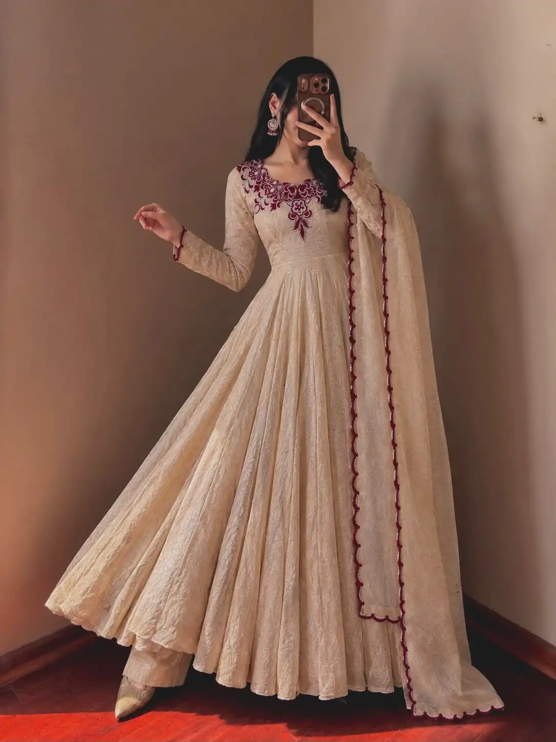 JF 058 Maroon Doremon Crush Gown with Lace Work & Mirror Work. Exclusive Offer ₹2399. Delivery 4-6 Working Days. Shop now. | Gowns, Bollywood Gowns, Creative Gowns, Designer Gowns, Embroidered Gowns, Party Wear Gowns