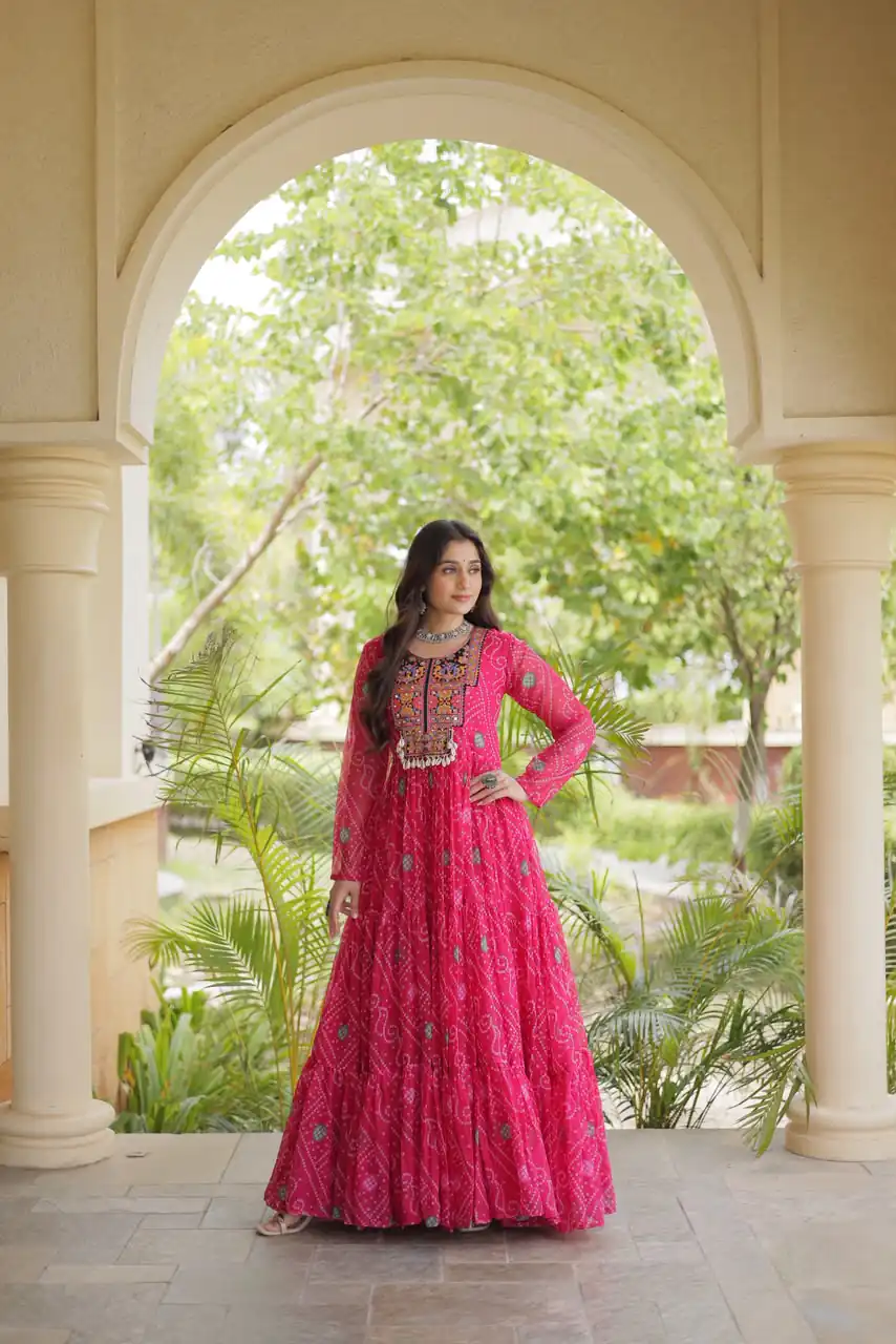 KA 1276 Pink in Colour Faux Georgette Bandhani Print Work Gown. Available at ₹2069 only. Delivery 4-6 Working Days. Shop now. | Gowns, Bollywood Gowns, Creative Gowns, Designer Gowns, Embroidered Gowns, Party Wear Gowns