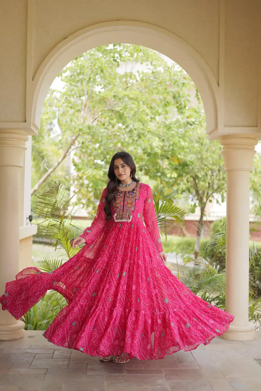 KA 1276 Pink in Colour Faux Georgette Bandhani Print Work Gown. Available at ₹2069 only. Delivery 4-6 Working Days. Shop now. | Gowns, Bollywood Gowns, Creative Gowns, Designer Gowns, Embroidered Gowns, Party Wear Gowns